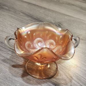 VTG Dungan Carnival Bon Bon Marigold Question Mark Handle Pedestal Dish